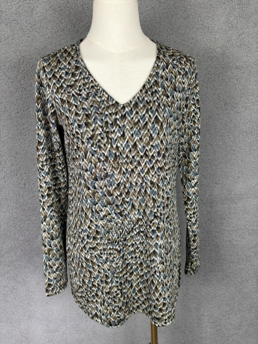 Susan Graver Women's Long Sleeve V-Neck Chevron Print Tunic Top XXS Multi NWOT's